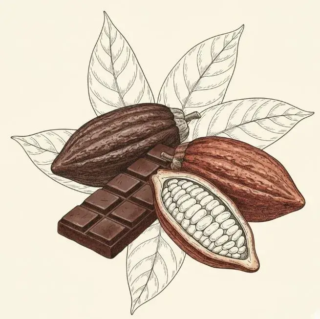 chocolate genuino con vaina de cacao y hojas