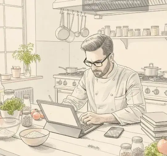 chef privado en Guadalajara sacando cuentas con una computadora y libros