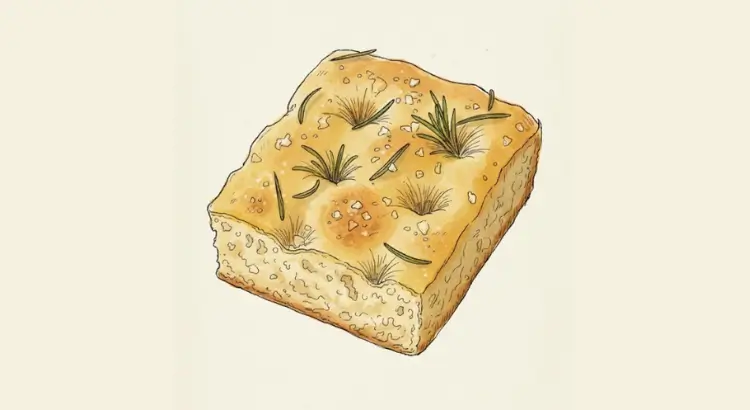 Portada de cómo hacer focaccia fácil con un dibujo de un pan de focaccia