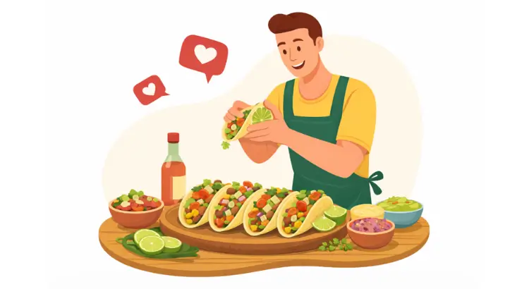 animacion de hombre extranjero tomando foto a tacos gourmet