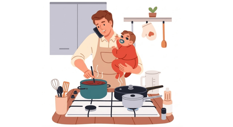 Hombre que sostiene a un bebe portada de cocinar no es para todos